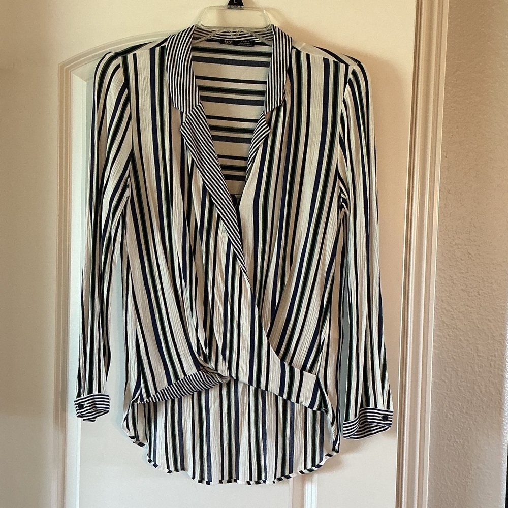 Zara Black, Blue, Green, White Striped Blouse Medium